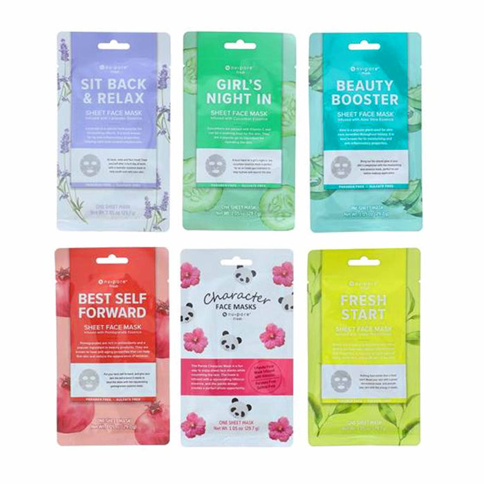 6 Pc Set Sheet Fresh Facial Masks Cleansing Nu-Pore Skin Care Assorted Essences