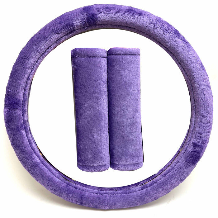 Purple Steering Wheel Cover Seatbelt Cushion Soft Velvet Universal 15 inch Plush