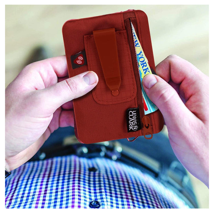 Lewis N Clark RFID Clip On Stash Pouch Wallet Travel Safe Security Id Holder Red
