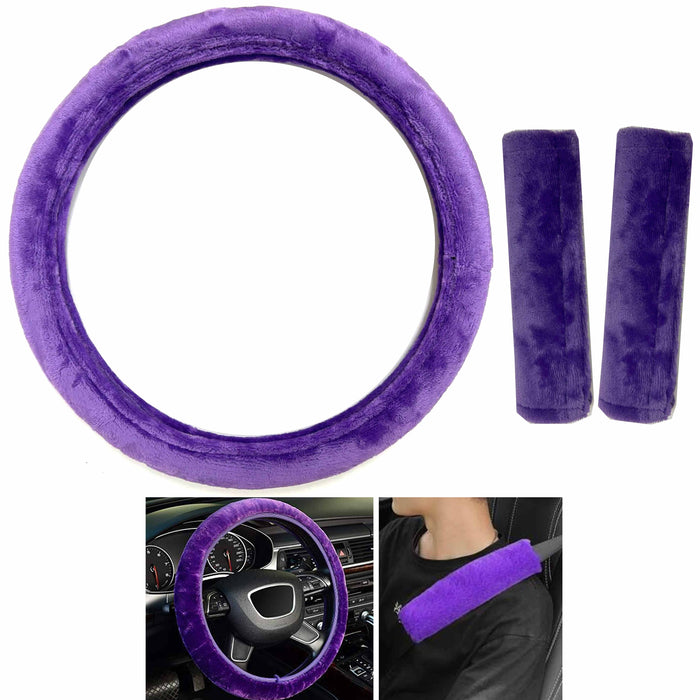 Purple Steering Wheel Cover Seatbelt Cushion Soft Velvet Universal 15 inch Plush