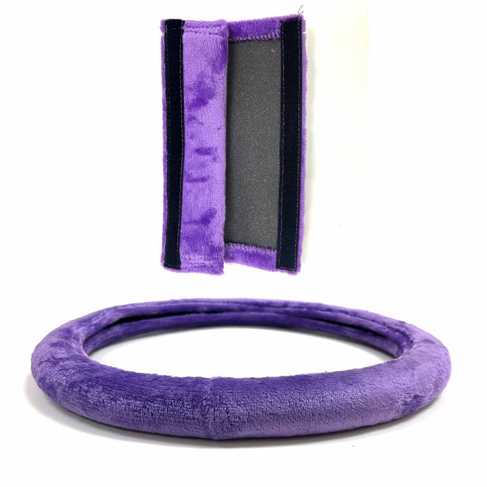 Purple Steering Wheel Cover Seatbelt Cushion Soft Velvet Universal 15 inch Plush
