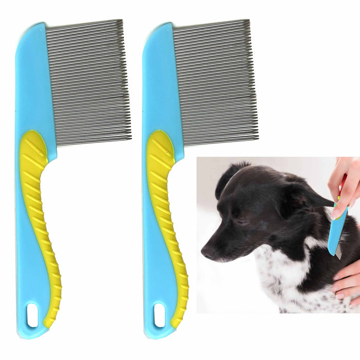2 Pc Stainless Steel Pet Hair Comb Metal Teeth Dog Cat Flea Brush Grip Grooming