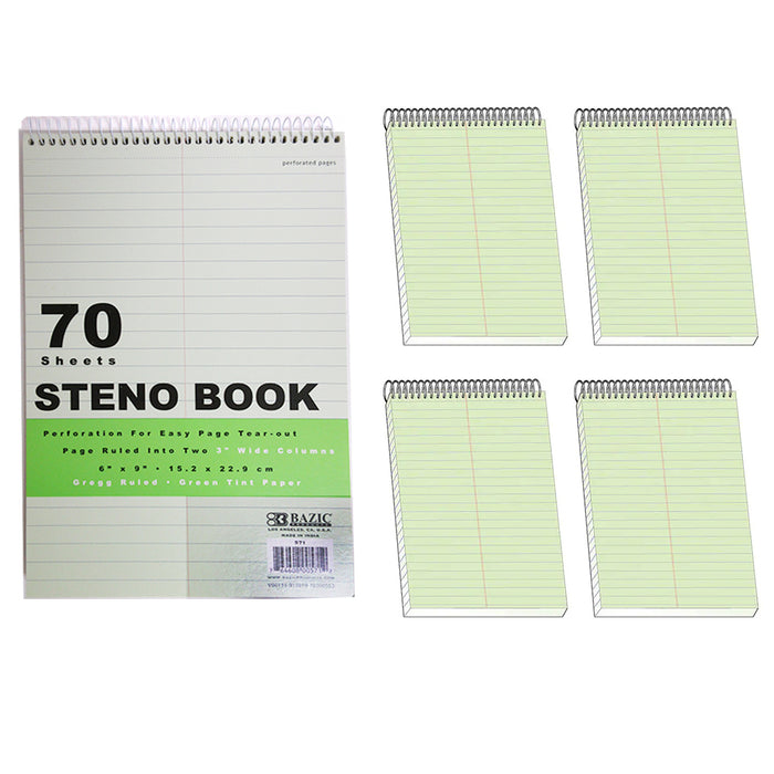 4 BAZIC Steno Notebook 6" X 9" Green Tint Gregg Ruled Office Notepad Perforated