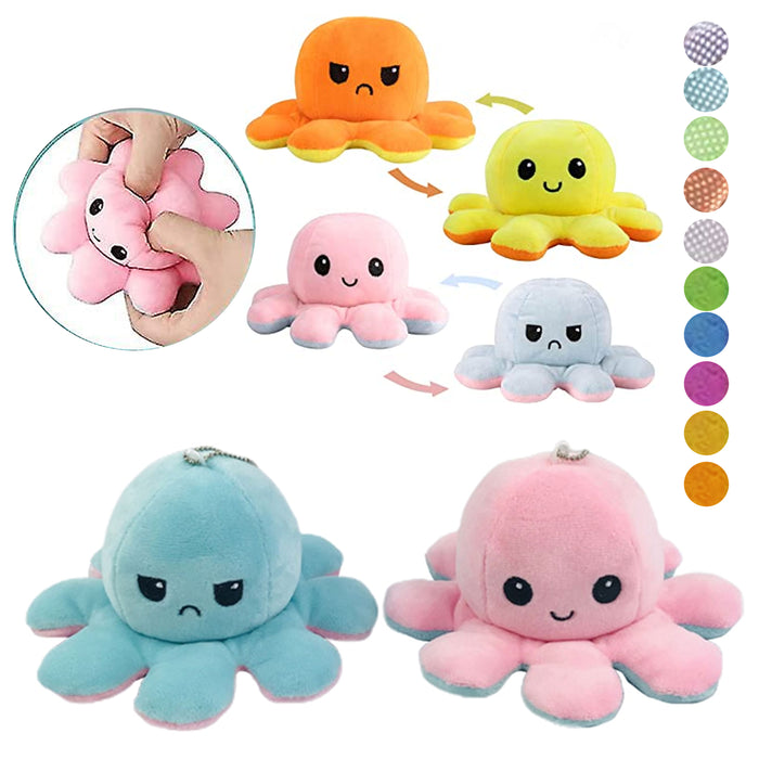 2 Pc Moody Octopus Plush Keychain Flip Emotions Happy Grumpy