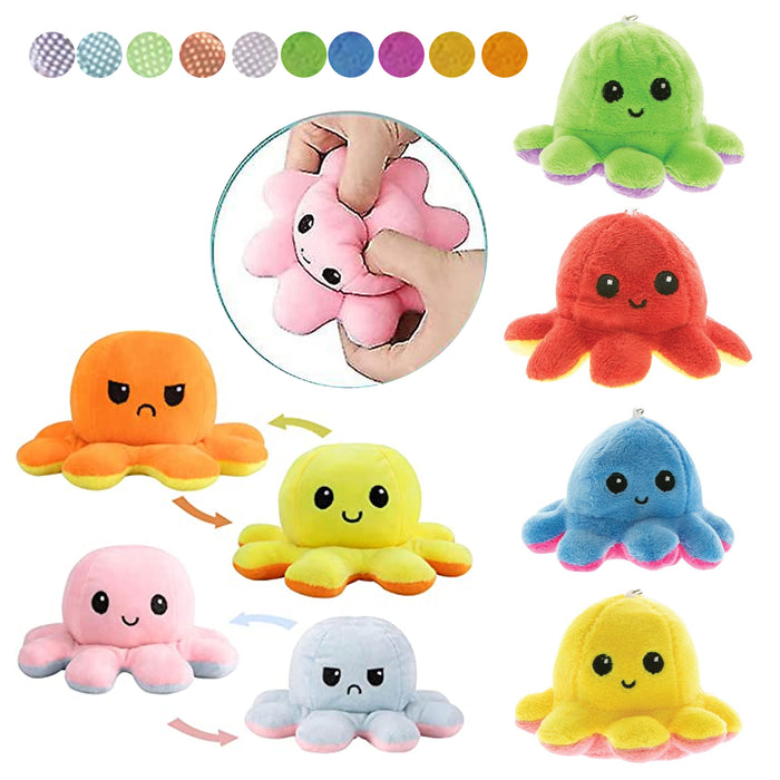 2 Pc Moody Octopus Plush Keychain Flip Emotions Happy Grumpy