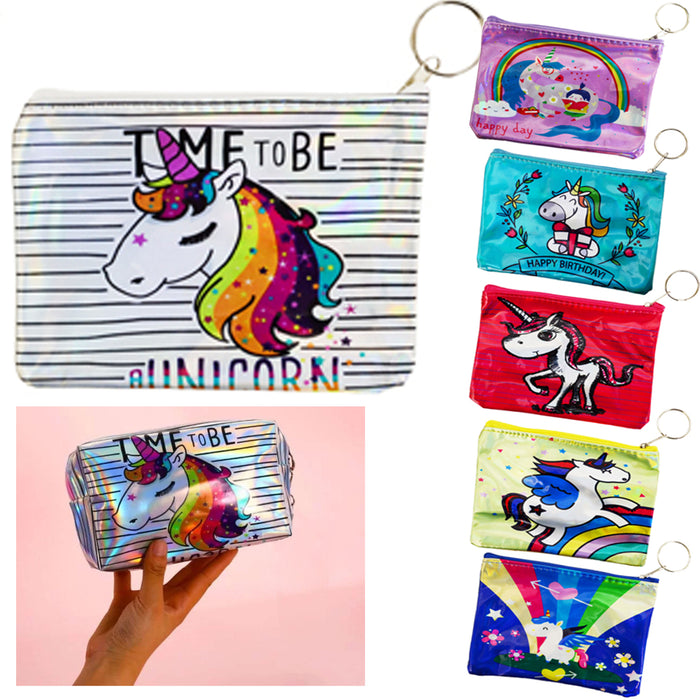 2 Pc Girls Zippered Pouch Coin Purse Holographic Unicorn Wallet Keychain Gift