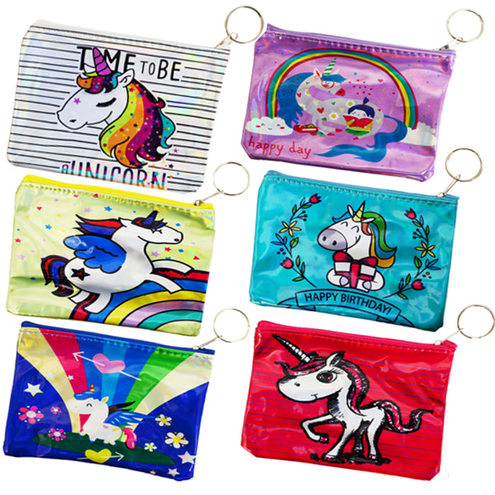 2 Pc Girls Zippered Pouch Coin Purse Holographic Unicorn Wallet Keychain Gift
