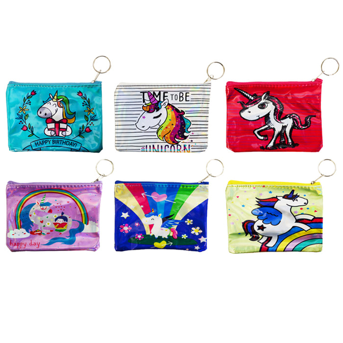 2 Pc Girls Zippered Pouch Coin Purse Holographic Unicorn Wallet Keychain Gift