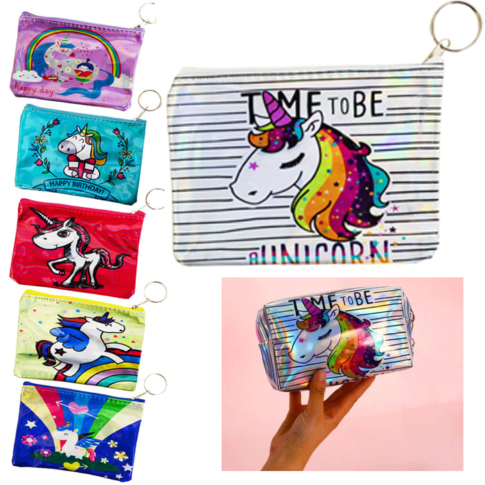 2 Pc Girls Zippered Pouch Coin Purse Holographic Unicorn Wallet Keychain Gift