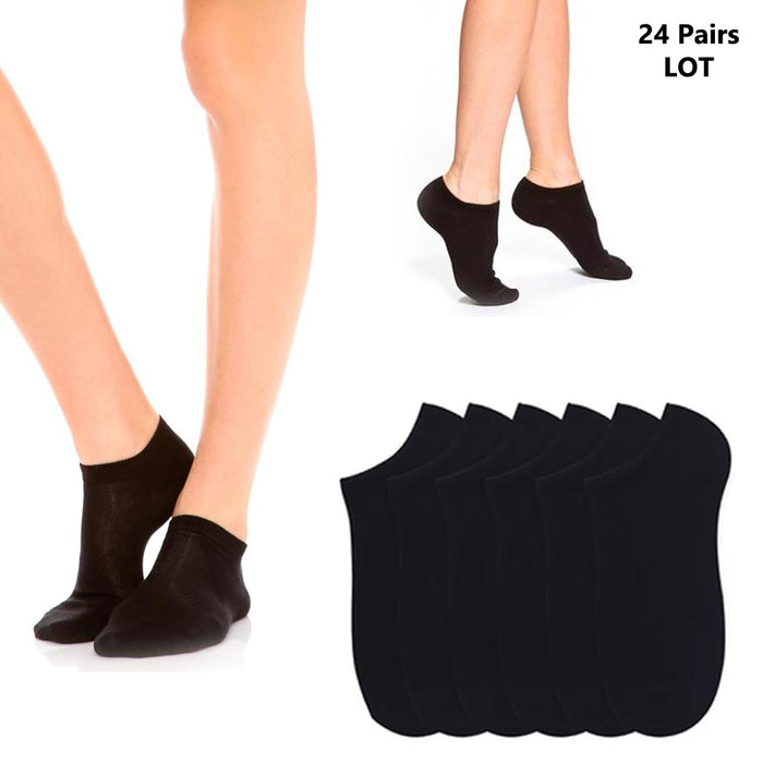 24 Womens Athletic Ankle Socks Low Cut Fit Crew Sports Black Footies Size 9-11