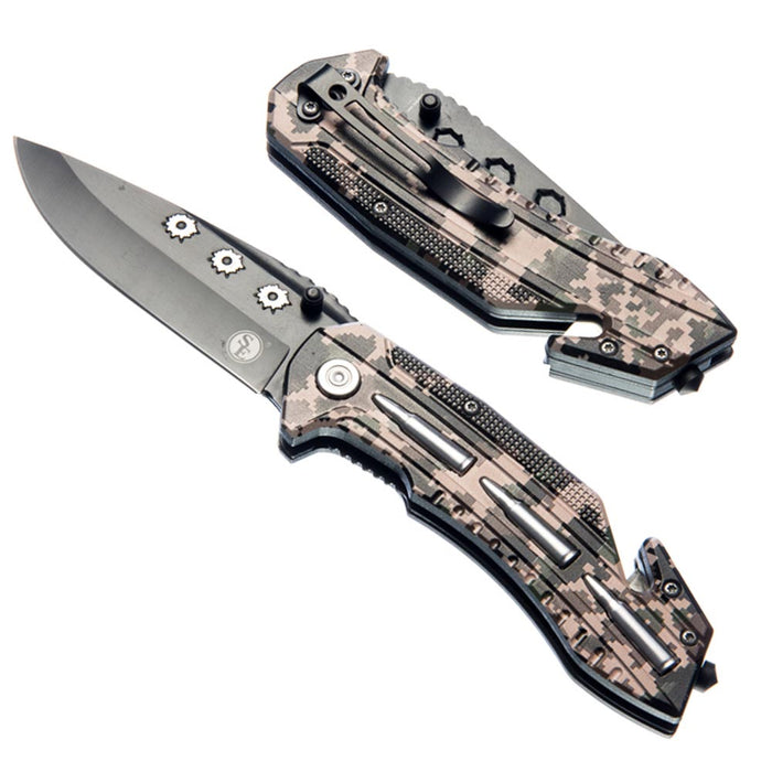 2 Camo Folding Knife Tactic 3.5" Blade Clip Survival Hunting Camping SpringClose