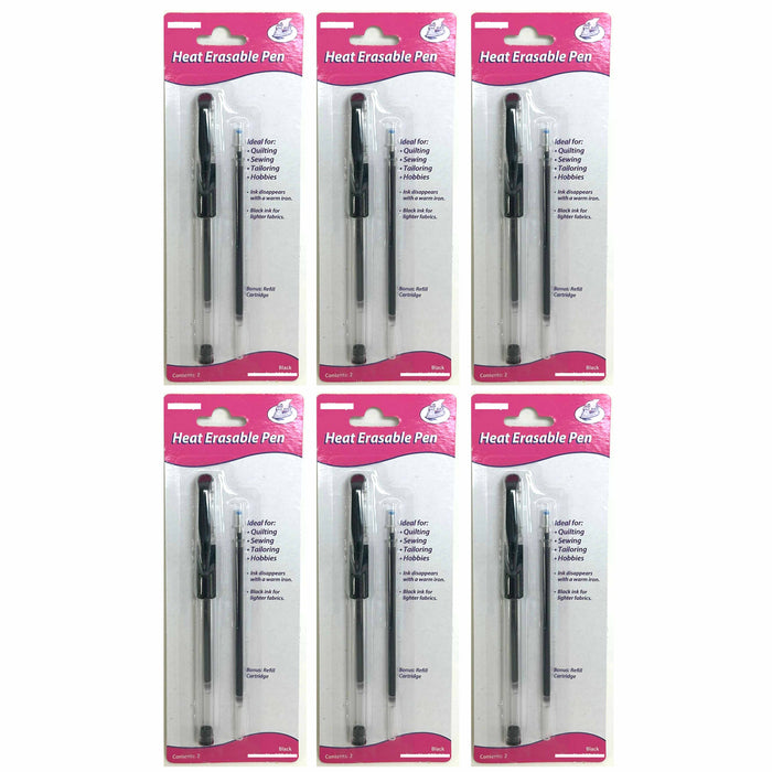 6 Pk Black Ink Fabric Pens Heat Eraseable Refill Sewing Crafts Marking Clothing