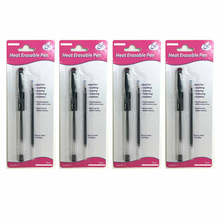 4 Pk Fabric Pens Heat Eraseable Refill Black Ink Clothing Sewing Crafts Marking
