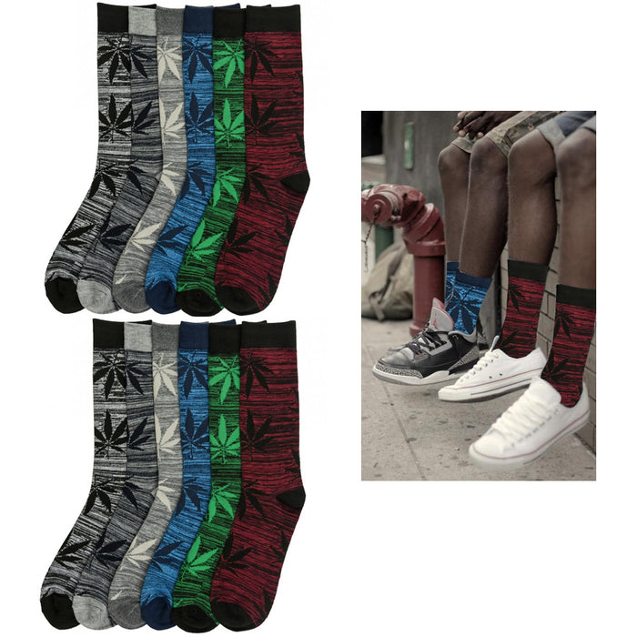 12 Pair Knocker Crew Socks Leaf Design Men Casual Wear Work Size 10-13