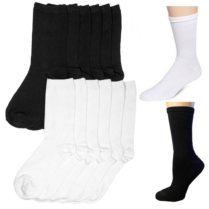 12 Pair Solid Crew Socks Basic White Black Casual Unisex Wear Knocker Size 9-11