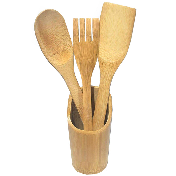 8 Pc Bamboo Cooking Utensils Set Wooden Kitchen Tools Spatula Spoon Fork Holder