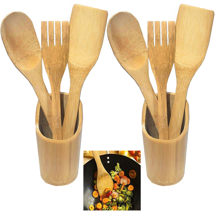 8 Pc Bamboo Cooking Utensils Set Wooden Kitchen Tools Spatula Spoon Fork Holder