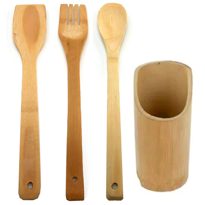 8 Pc Bamboo Cooking Utensils Set Wooden Kitchen Tools Spatula Spoon Fork Holder
