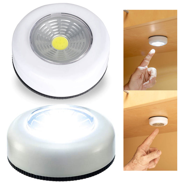 2 Pc White COB LED Night Light Tap Push Cabinet Wall Wireless Battery Operated