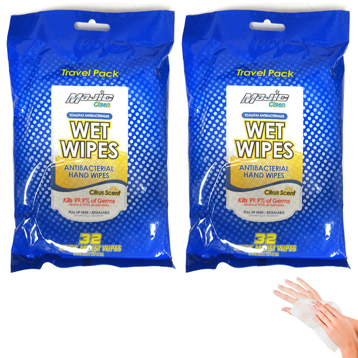 2 Pack Travel Wet Wipes Antibacterial Moist Hand Cleaning Citrus Scent 64 Count