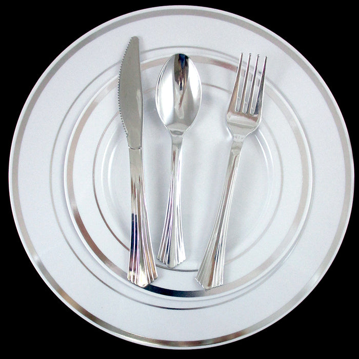 90 Disposable Plastic Plates Dinner Wedding Silverware Silver Rim Party Supplies