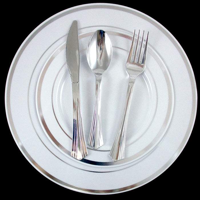 30 People Dinner Wedding Disposable Plastic Plates Silverware Silver Rim Party !