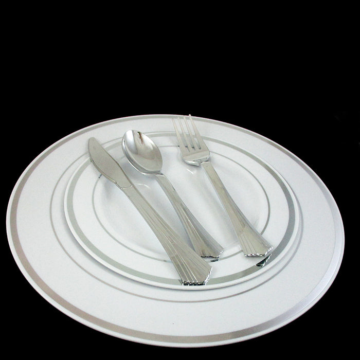90 Disposable Plastic Plates Dinner Wedding Silverware Silver Rim Party Supplies