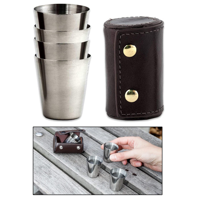 4pc Kikkerland Camping Stainless Steel Shot Glass 1oz Metal Glasses Leather Case