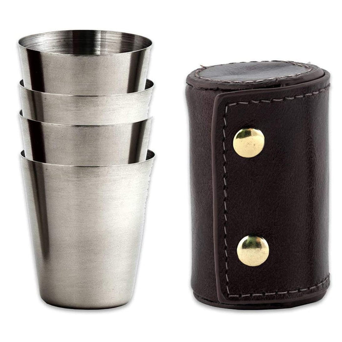 4pc Kikkerland Camping Stainless Steel Shot Glass 1oz Metal Glasses Leather Case