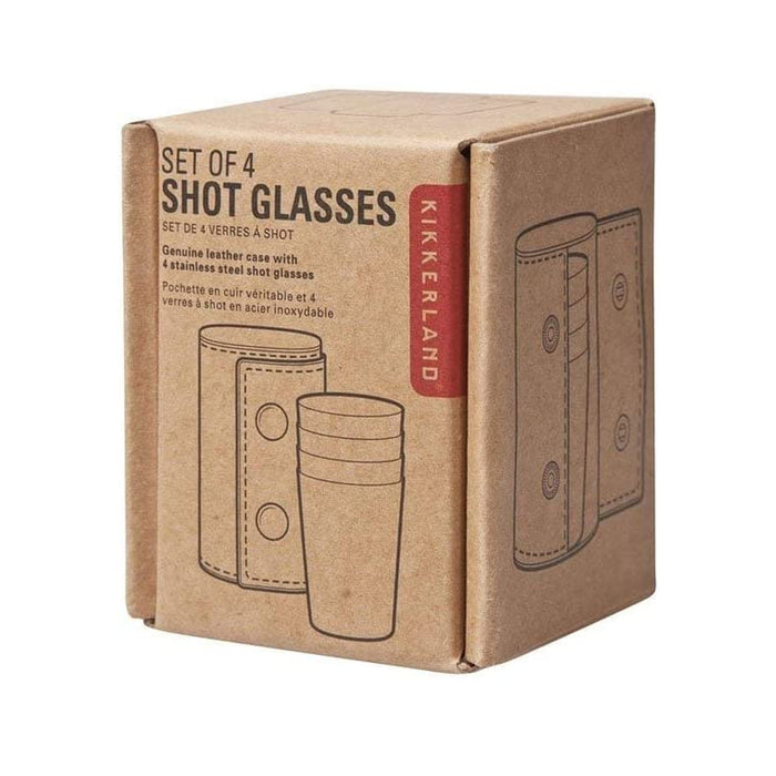 4pc Kikkerland Camping Stainless Steel Shot Glass 1oz Metal Glasses Leather Case