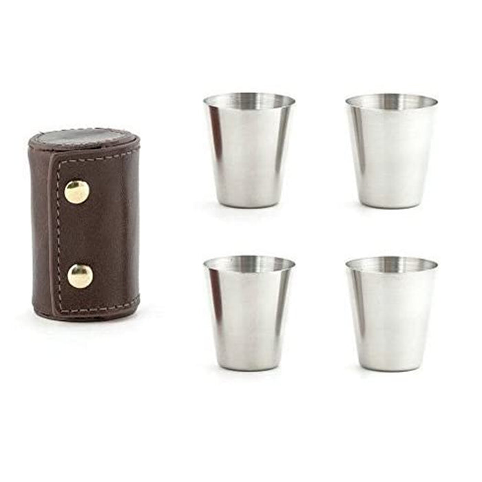 4pc Kikkerland Camping Stainless Steel Shot Glass 1oz Metal Glasses Leather Case