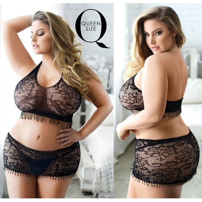 Plus Sexy Lingerie Set Fishnet Body Stocking Skirt Teddy Halter Top Mesh Lace