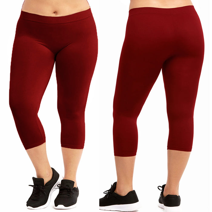 Women Seamless Plus One Size Footless Stretch Yoga Pants Capri Leggings Dark Red