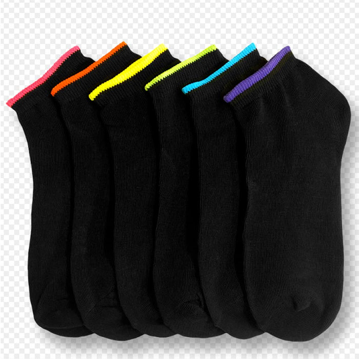 6 Pair Girls Ankle Sports Socks Low Cut Black Neon Color Casual Sport Run 9-11