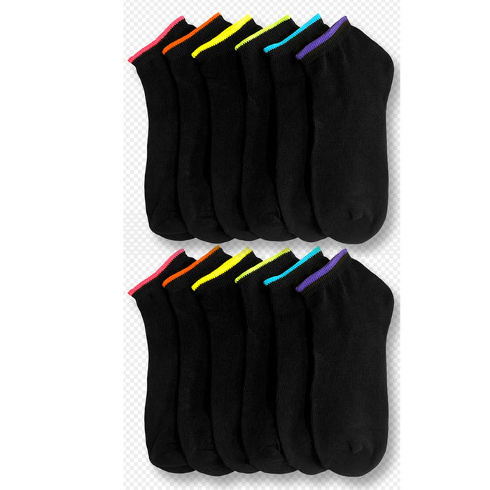 12 Pairs Girls Ankle Sports Socks Low Cut Black Neon Color Casual Sport Size 6-8