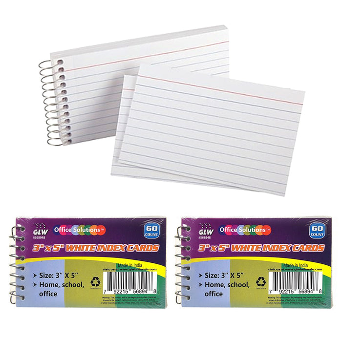 2 Pk Spiral Bound Index Cards 3" X 5" Ruled 60Ct White School Office Perforated