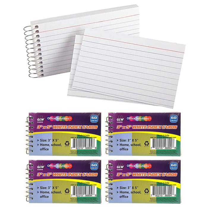 4 Pk Spiral Bound Index Cards 3" X 5" Ruled 60Ct White School Office Perforated