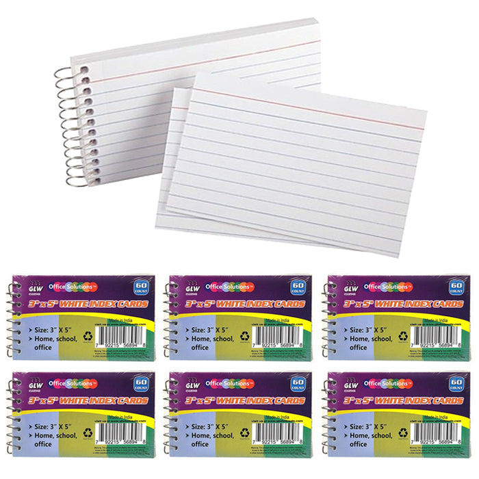 6 Pk Spiral Bound Index Cards 3" X 5" Ruled 60Ct White School Office Perforated