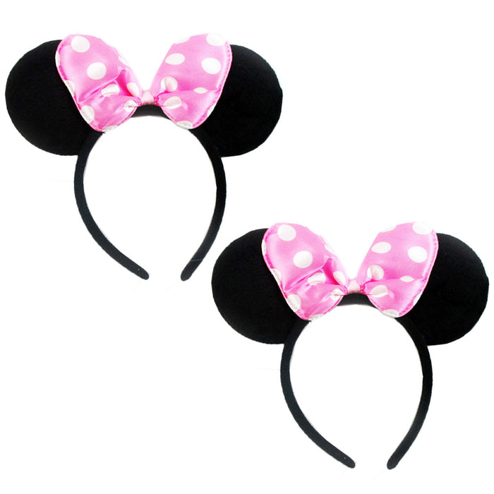 2 Pc Minnie Mouse Ears Headbands Pink Polka Dot Bow Costume Party Favor New Gift