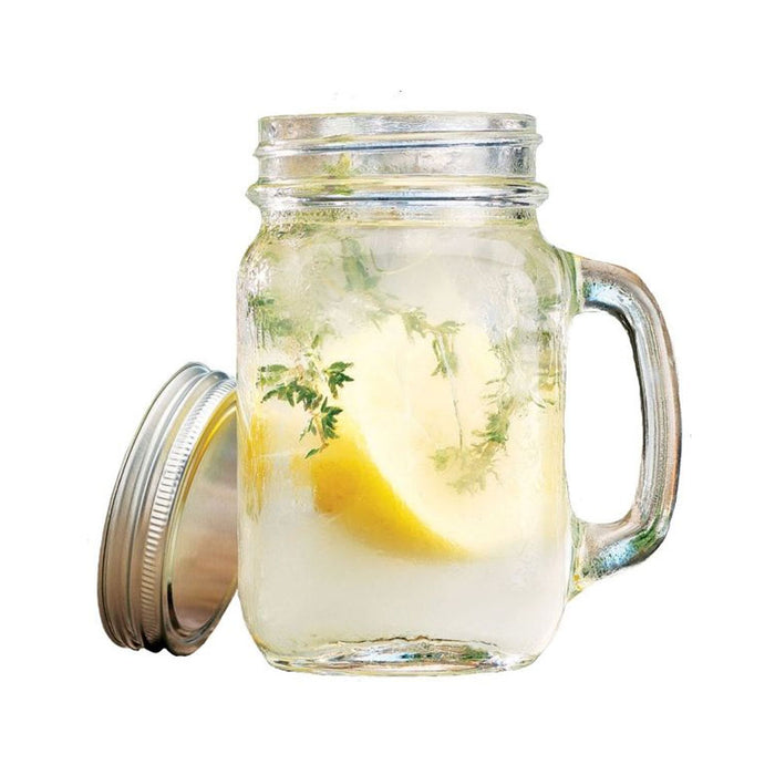 2 Pc Vintage Clear Mason Jar Handle & Lid Tumbler Mug 16 oz Drinking Glass Party