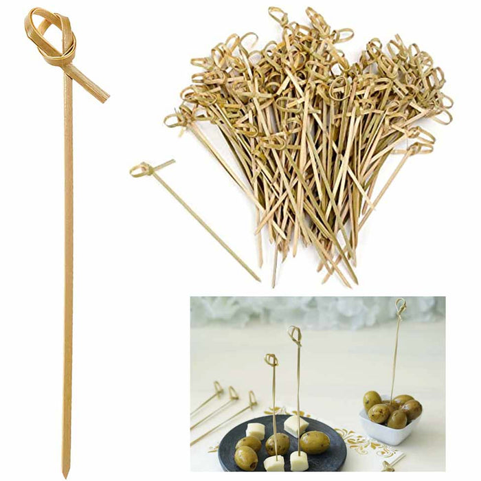 288 Ct Bamboo Wooden Skewers Cocktail Sticks Knotted Burger BBQ Party Fruits