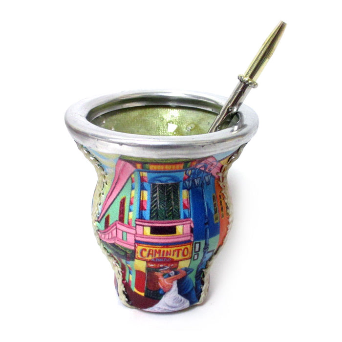 Argentina Yerba Mate Tea Gourd Glass Tango Caminito Drinking Straw Bombilla 9662