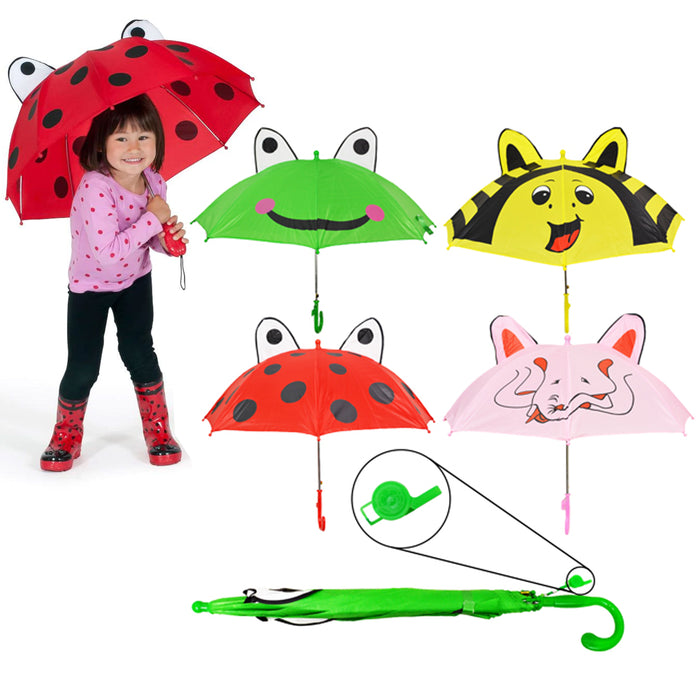 2 Pc Children's Umbrella Animal Whistle Rain Sun Shade Toddler Kids Girls Boys