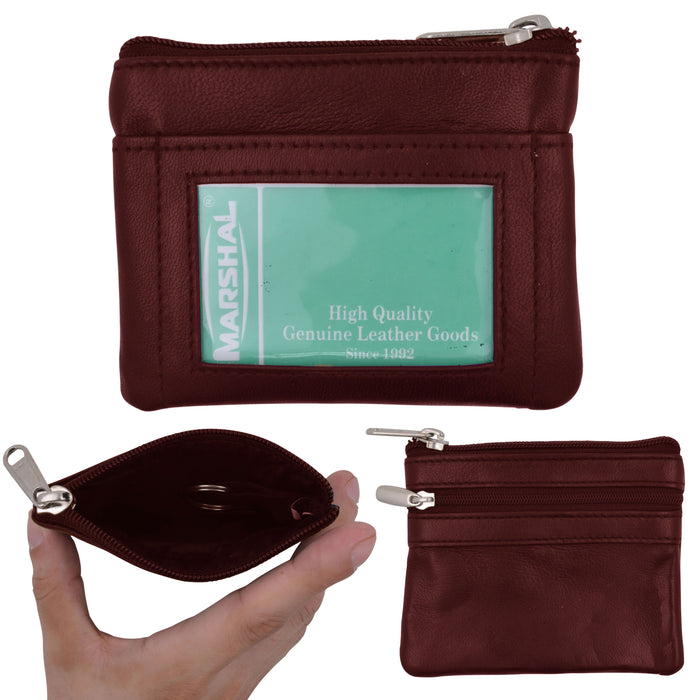 1 Burgundy Coin Purse Change Pouch Genuine Leather Zipper Wallet ID Card Holder