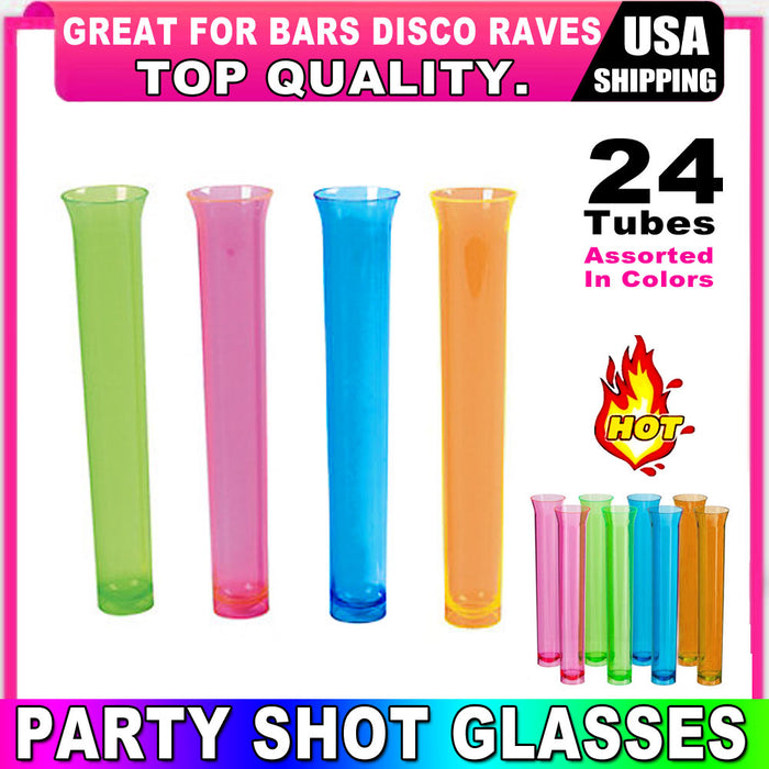 24 Party Tube Shot Glasses Test Clear Neon Plastic Shooter Bar Luau Birthday New