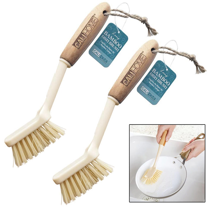 2 Pc Bamboo Dish Brush Natural Wood Handle Kitchen Scrub Sink Wash Scrubber 9.5"