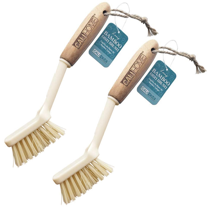 2 Pc Bamboo Dish Brush Natural Wood Handle Kitchen Scrub Sink Wash Scrubber 9.5"