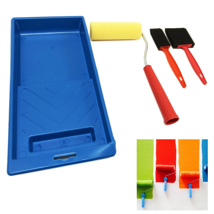 4PC Paint Roller Set 4" Foam Tray Brushes Home Painting Supplies Wall Tool Kit