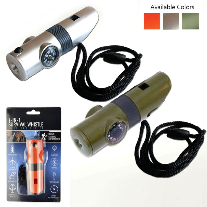 2Pk 7in1 Survival Whistle Compass Thermometer Led Flashlight Magnifier Mirror