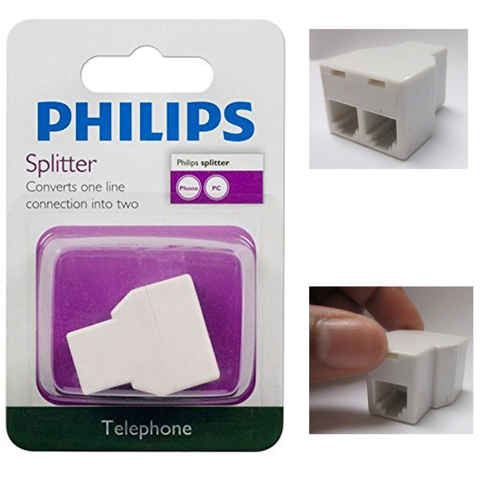 Phillips 2 Way Phone Jack Splitter Adapter Duplex Connector Telephone Converter